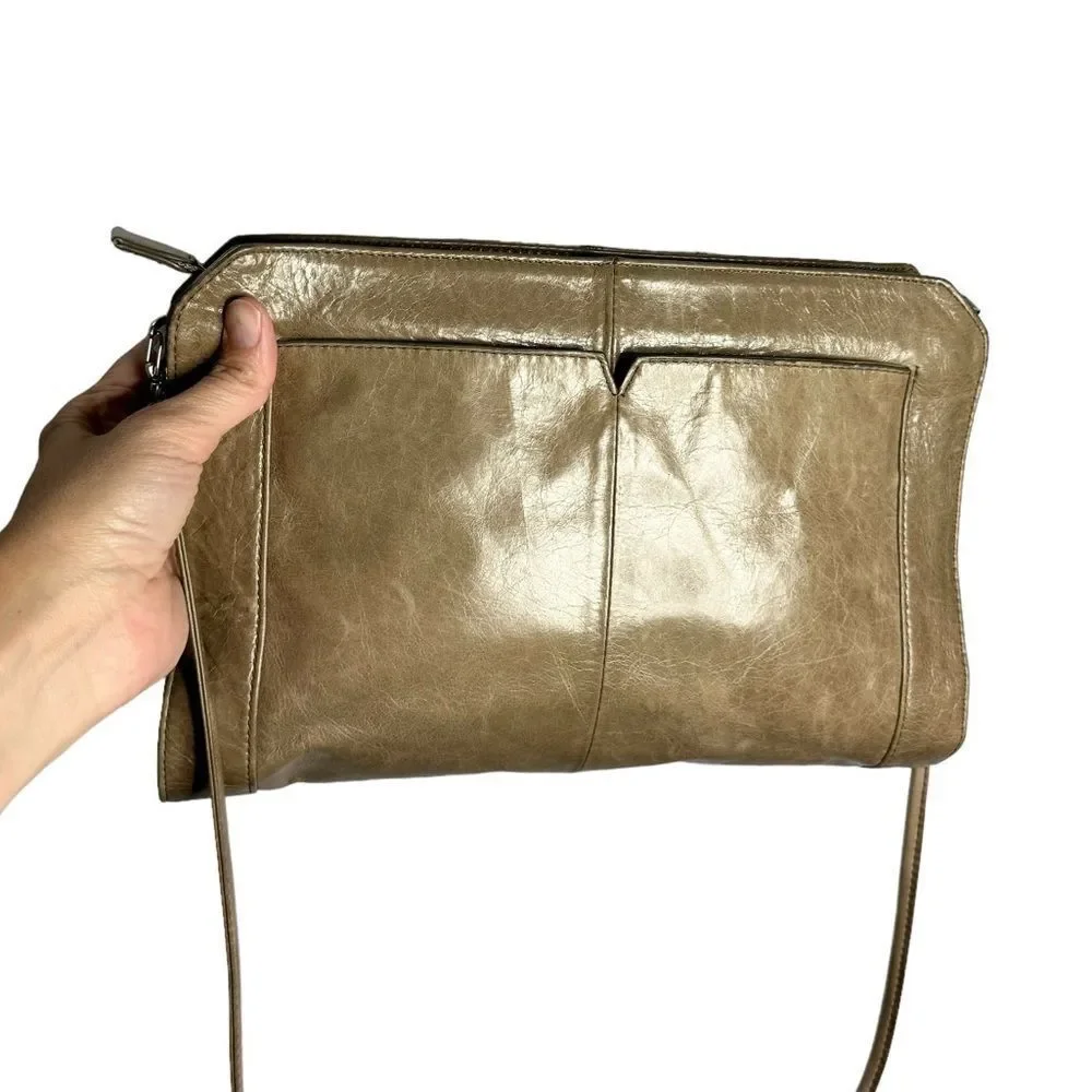 HOBO International Taupe Shiny Crackle Leather Clutch Shoulder Bag Every Day Bag